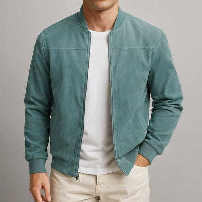 Men's Suede Bomber Jacket with Zip Front and Rib Trim 2