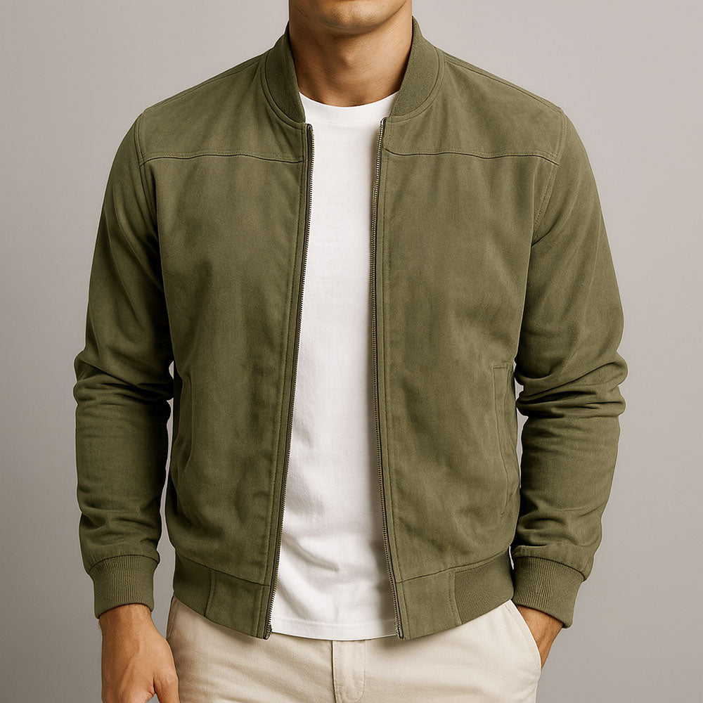 Men's Suede Bomber Jacket with Zip Front and Rib Trim 3