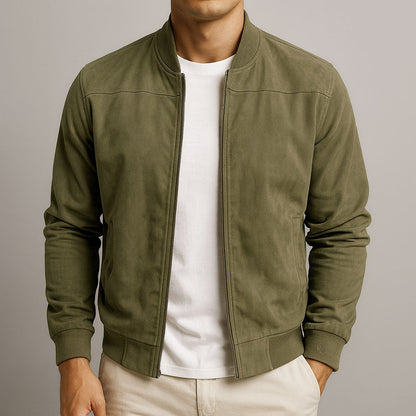 Men's Suede Bomber Jacket with Zip Front and Rib Trim 3