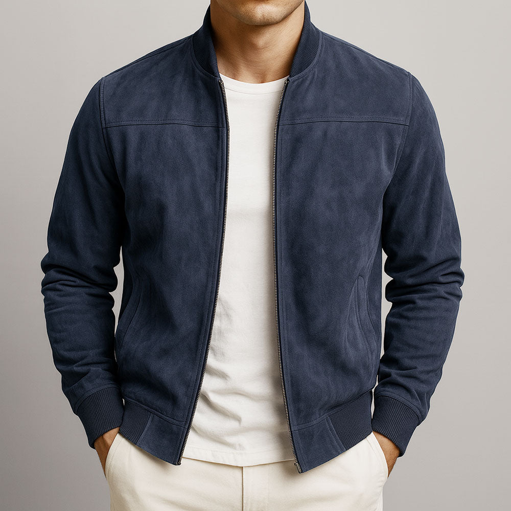 Men's Suede Bomber Jacket with Zip Front and Rib Trim 4