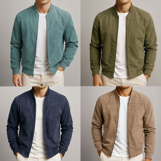 Men's Suede Bomber Jacket with Zip Front and Rib Trim 6