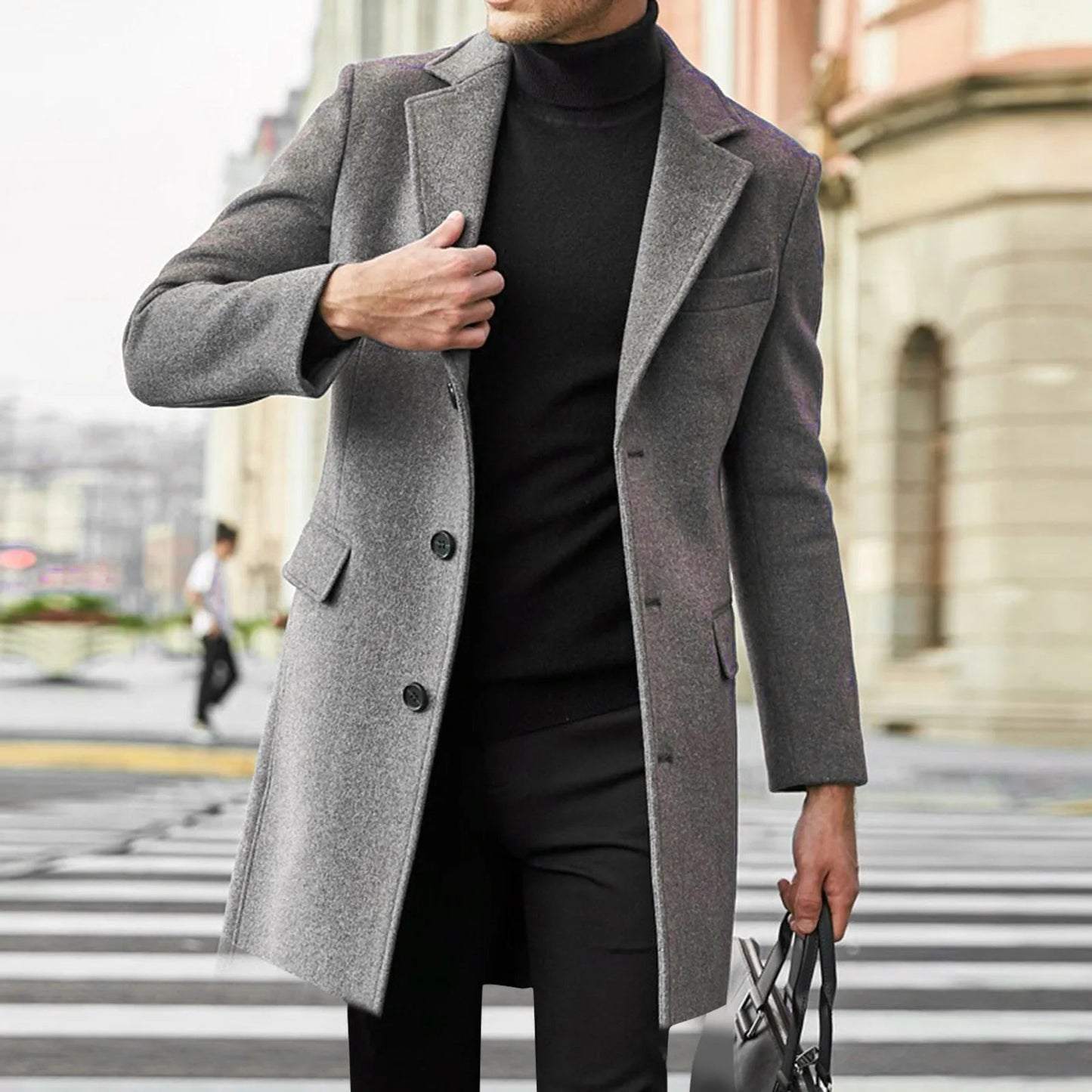 Men's Tailored Overcoat with Notch Lapel – Refined Single-Breasted Design