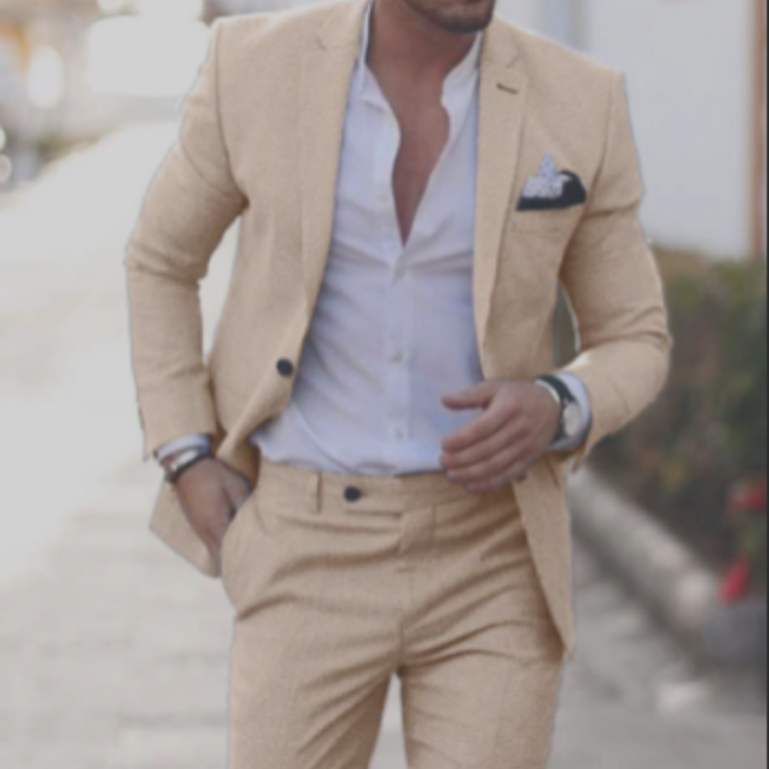 Men's Two-Piece Woven Suit with Notch Lapels and Pocket Square 0