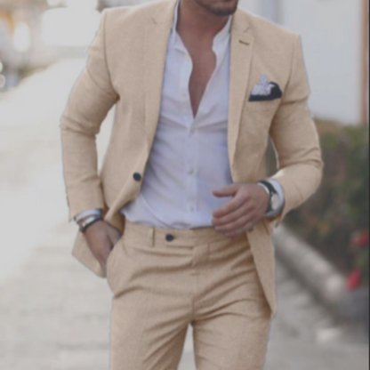 Men's Two-Piece Woven Suit with Notch Lapels and Pocket Square 0