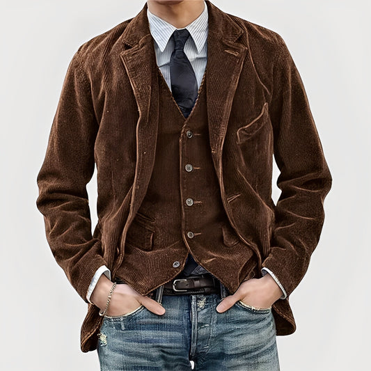 Men's Vintage-Style Corduroy Coat with Notch Lapels and Button Front 0