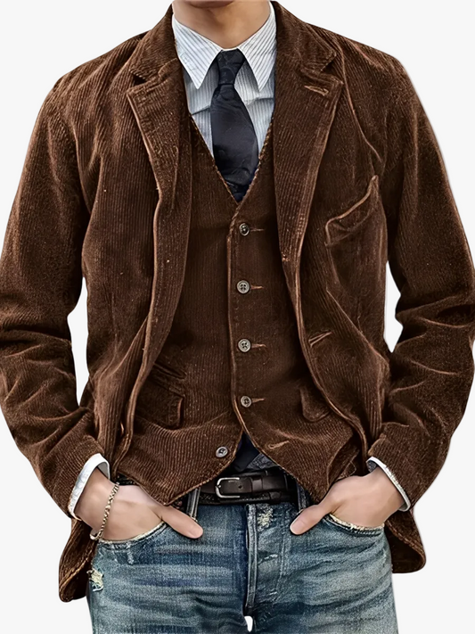 Men's Vintage-Style Corduroy Coat with Notch Lapels and Button Front 1