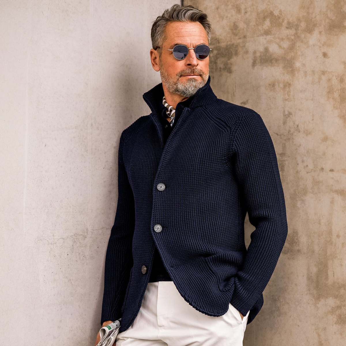 Men's Waffle-Knit Cardigan Sweater with Stand Collar and Button Front 1