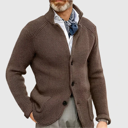 Men's Waffle-Knit Cardigan Sweater with Stand Collar and Button Front 10
