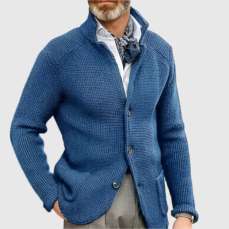 Men's Waffle-Knit Cardigan Sweater with Stand Collar and Button Front 11