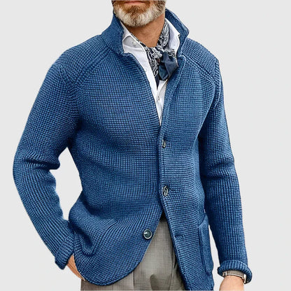 Men's Waffle-Knit Cardigan Sweater with Stand Collar and Button Front 11