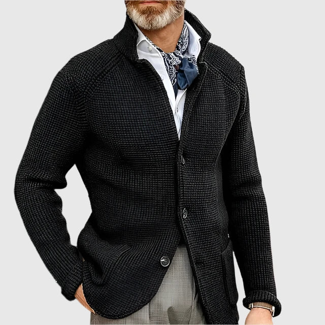 Men's Waffle-Knit Cardigan Sweater with Stand Collar and Button Front 12