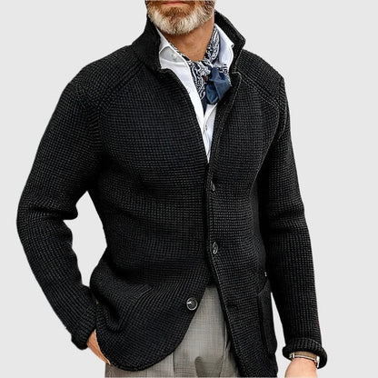 Men's Waffle-Knit Cardigan Sweater with Stand Collar and Button Front 12