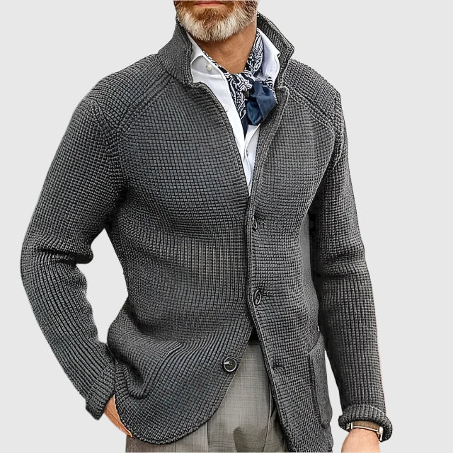 Men's Waffle-Knit Cardigan Sweater with Stand Collar and Button Front 13