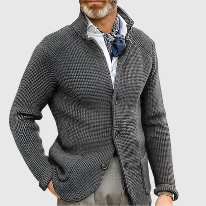 Men's Waffle-Knit Cardigan Sweater with Stand Collar and Button Front 13