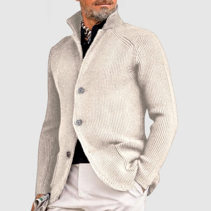 Men's Waffle-Knit Cardigan Sweater with Stand Collar and Button Front 14