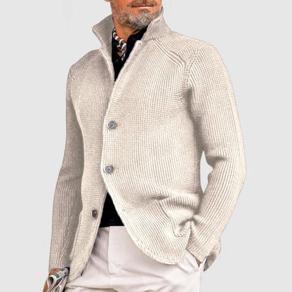 Men's Waffle-Knit Cardigan Sweater with Stand Collar and Button Front 14