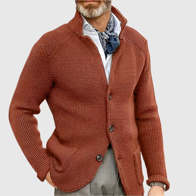 Men's Waffle-Knit Cardigan Sweater with Stand Collar and Button Front 7