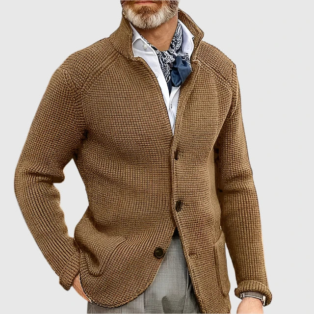 Men's Waffle-Knit Cardigan Sweater with Stand Collar and Button Front 8