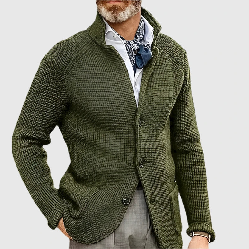 Men's Waffle-Knit Cardigan Sweater with Stand Collar and Button Front 9