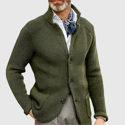 Men's Waffle-Knit Cardigan Sweater with Stand Collar and Button Front 9