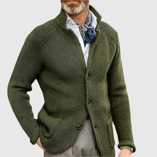 Men's Waffle-Knit Cardigan Sweater with Stand Collar and Button Front 9