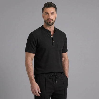 Men’s Waffle Stand Collar Shirt & Drawstring Shorts Set – Summer Outfit 0