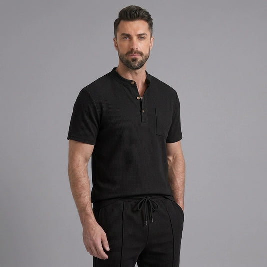 Men’s Waffle Stand Collar Shirt & Drawstring Shorts Set – Summer Outfit 0