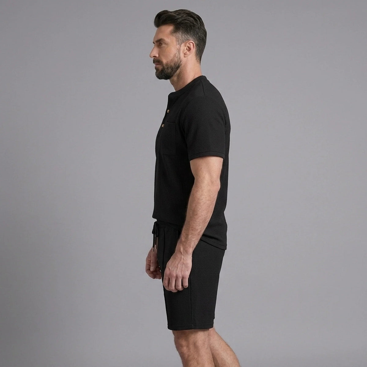 Men’s Waffle Stand Collar Shirt & Drawstring Shorts Set – Summer Outfit 1