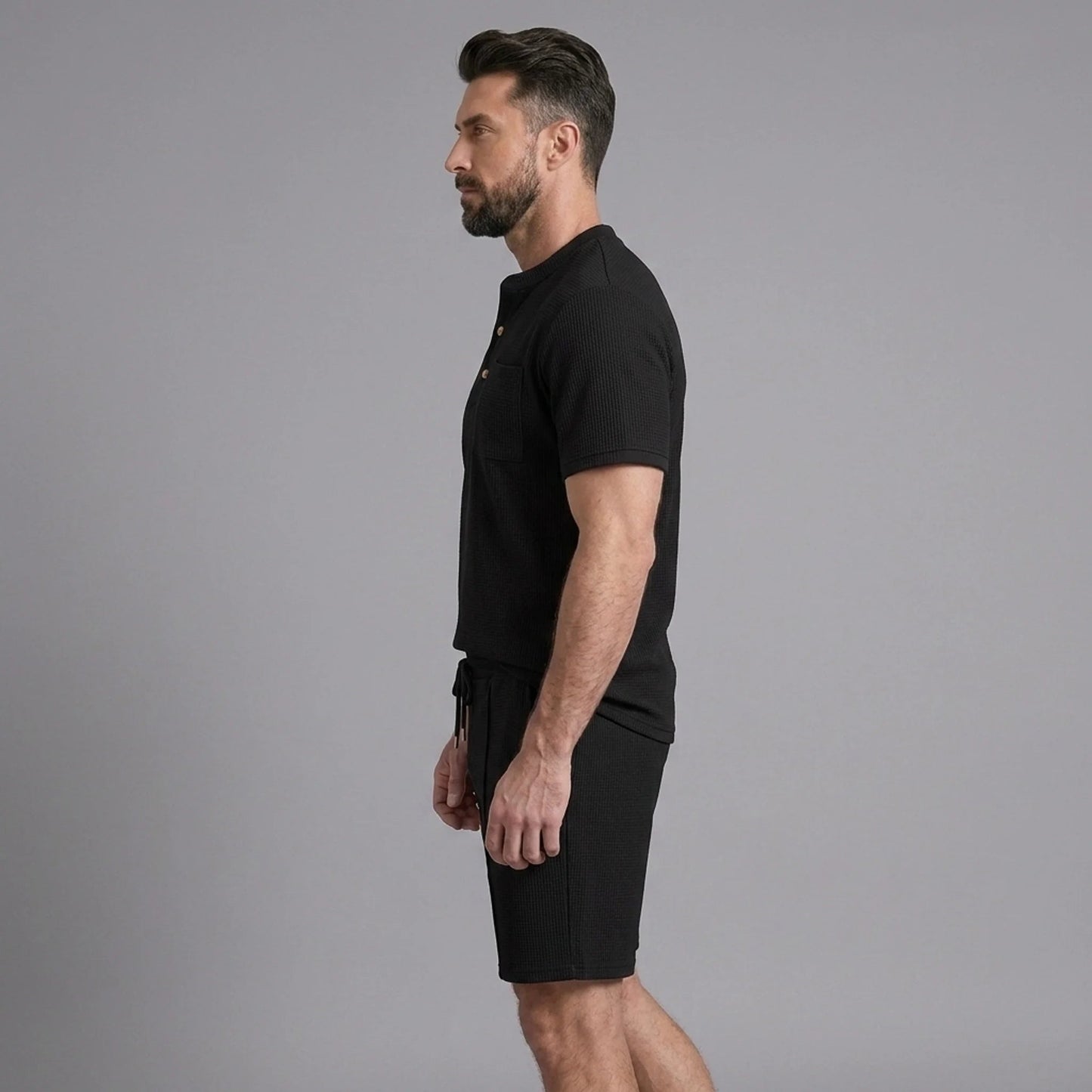 Men’s Waffle Stand Collar Shirt & Drawstring Shorts Set – Summer Outfit 1