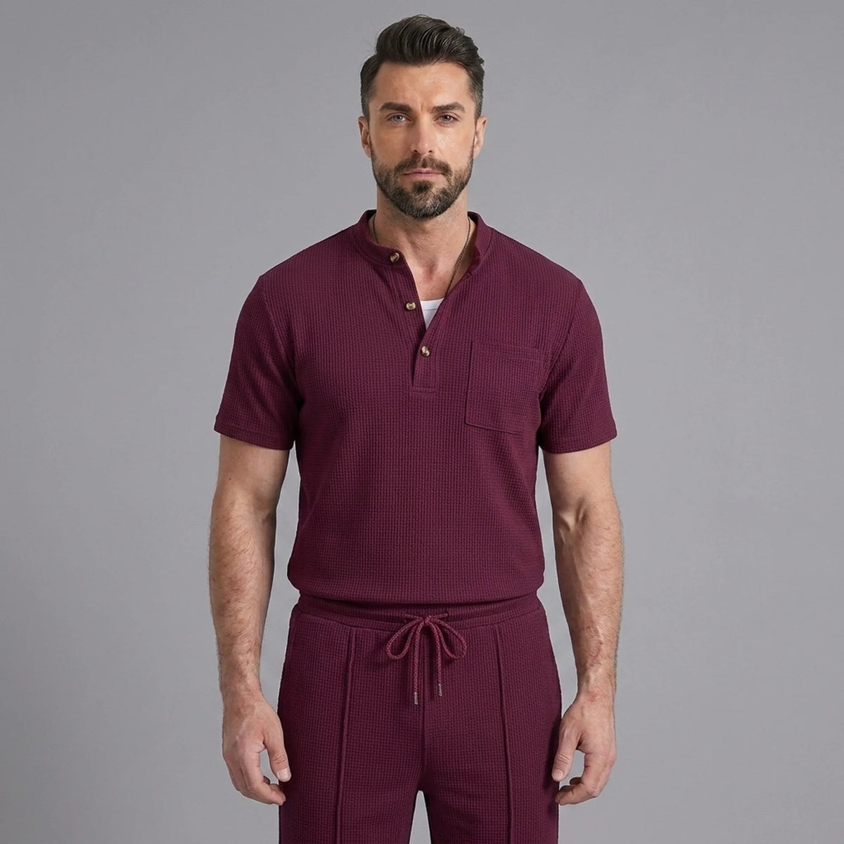 Men’s Waffle Stand Collar Shirt & Drawstring Shorts Set – Summer Outfit 10