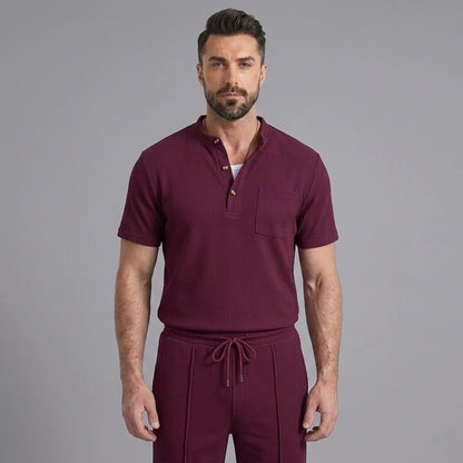 Men’s Waffle Stand Collar Shirt & Drawstring Shorts Set – Summer Outfit 10