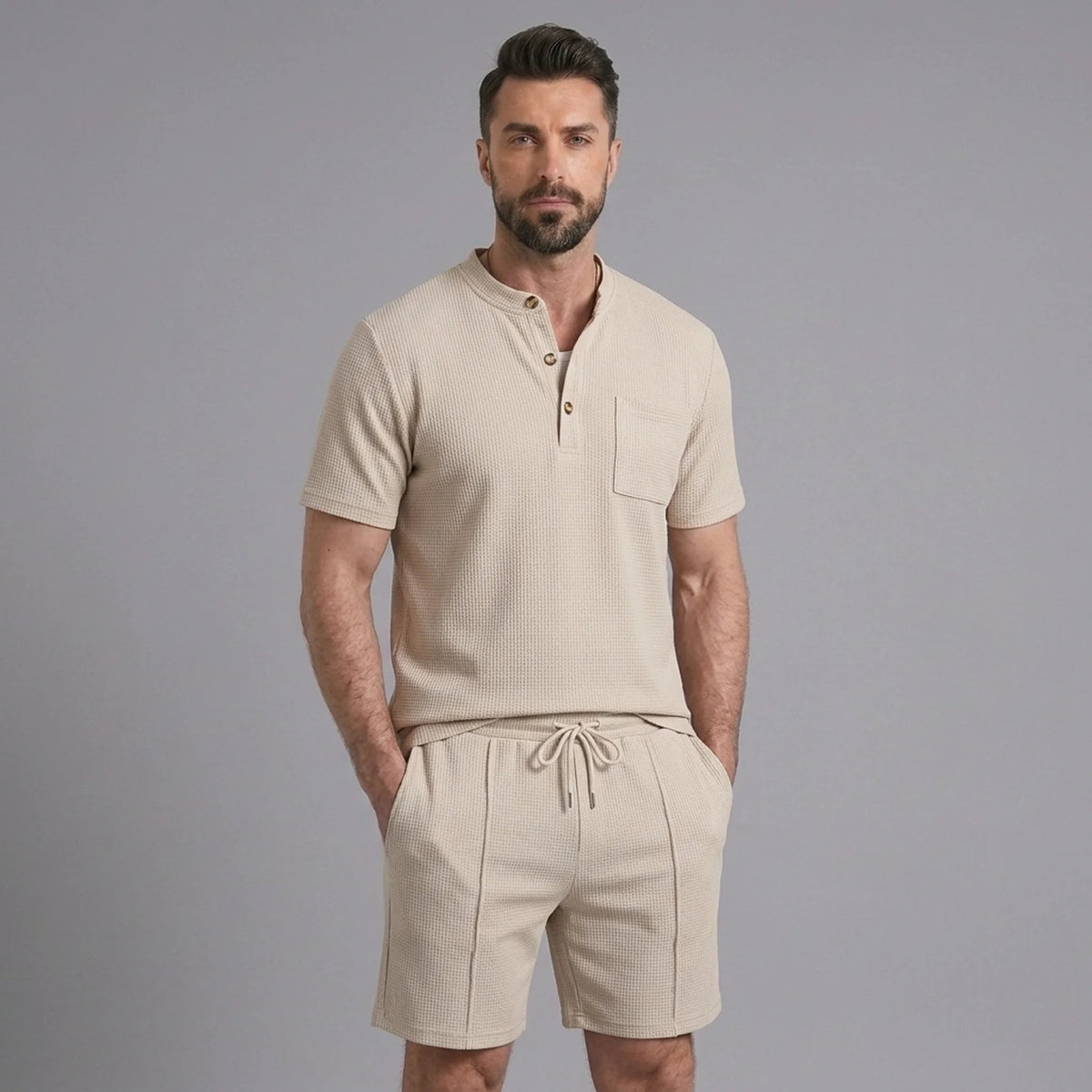 Men’s Waffle Stand Collar Shirt & Drawstring Shorts Set – Summer Outfit 11