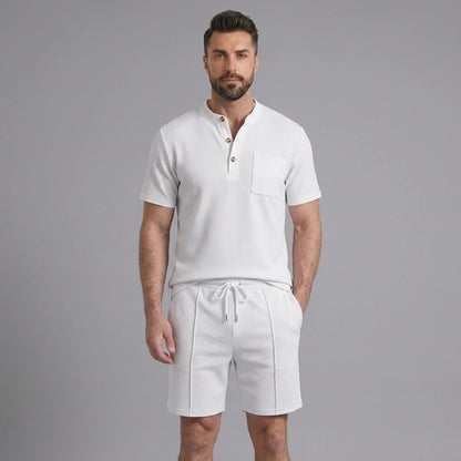 Men’s Waffle Stand Collar Shirt & Drawstring Shorts Set – Summer Outfit 12