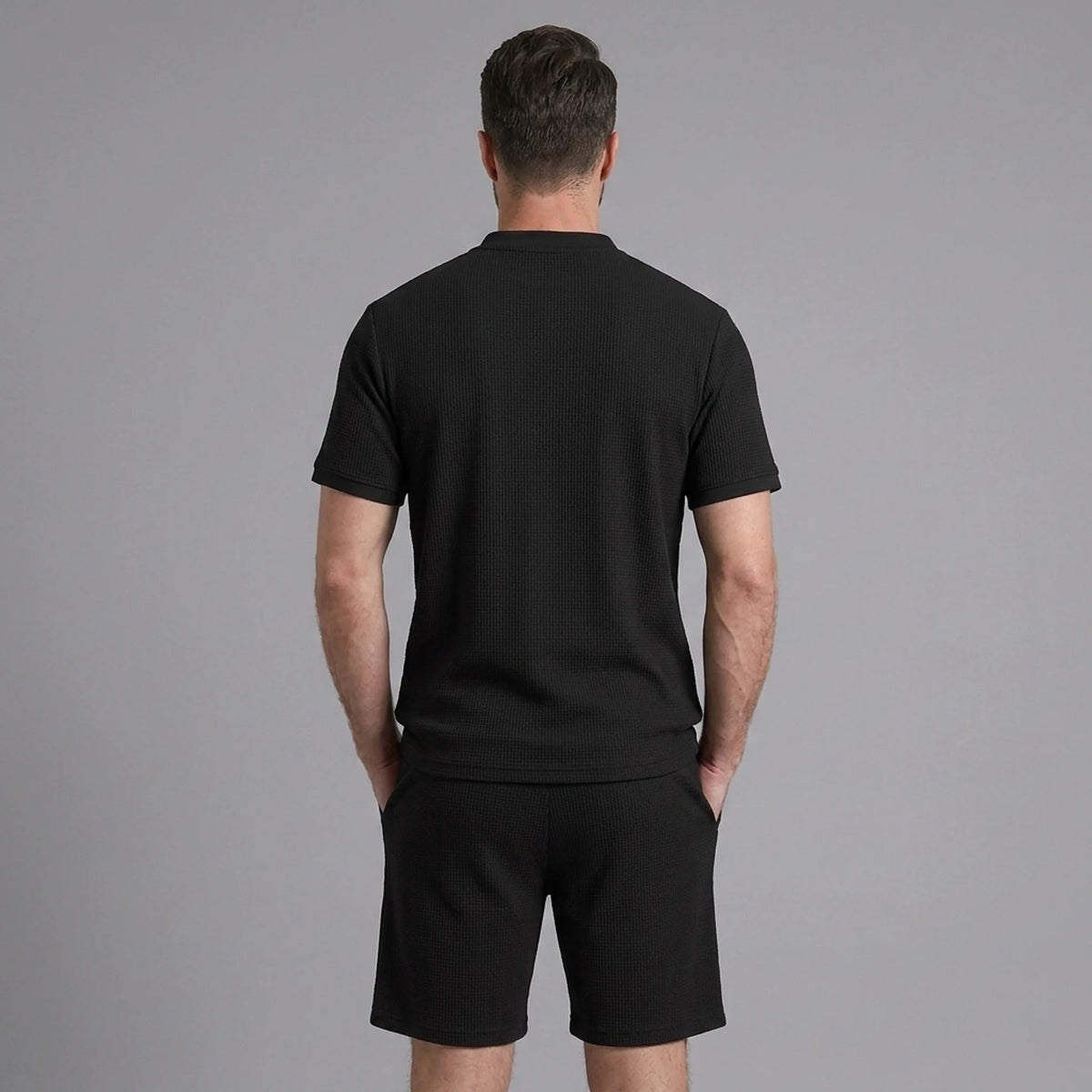 Men’s Waffle Stand Collar Shirt & Drawstring Shorts Set – Summer Outfit 2