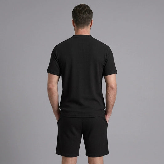 Men’s Waffle Stand Collar Shirt & Drawstring Shorts Set – Summer Outfit 2