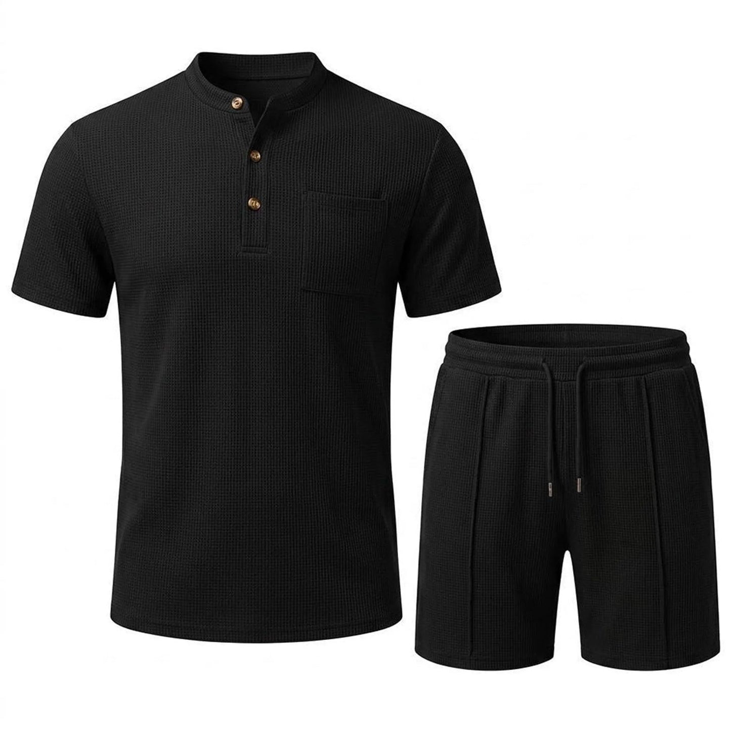 Men’s Waffle Stand Collar Shirt & Drawstring Shorts Set – Summer Outfit 3