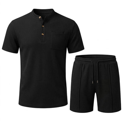 Men’s Waffle Stand Collar Shirt & Drawstring Shorts Set – Summer Outfit 3