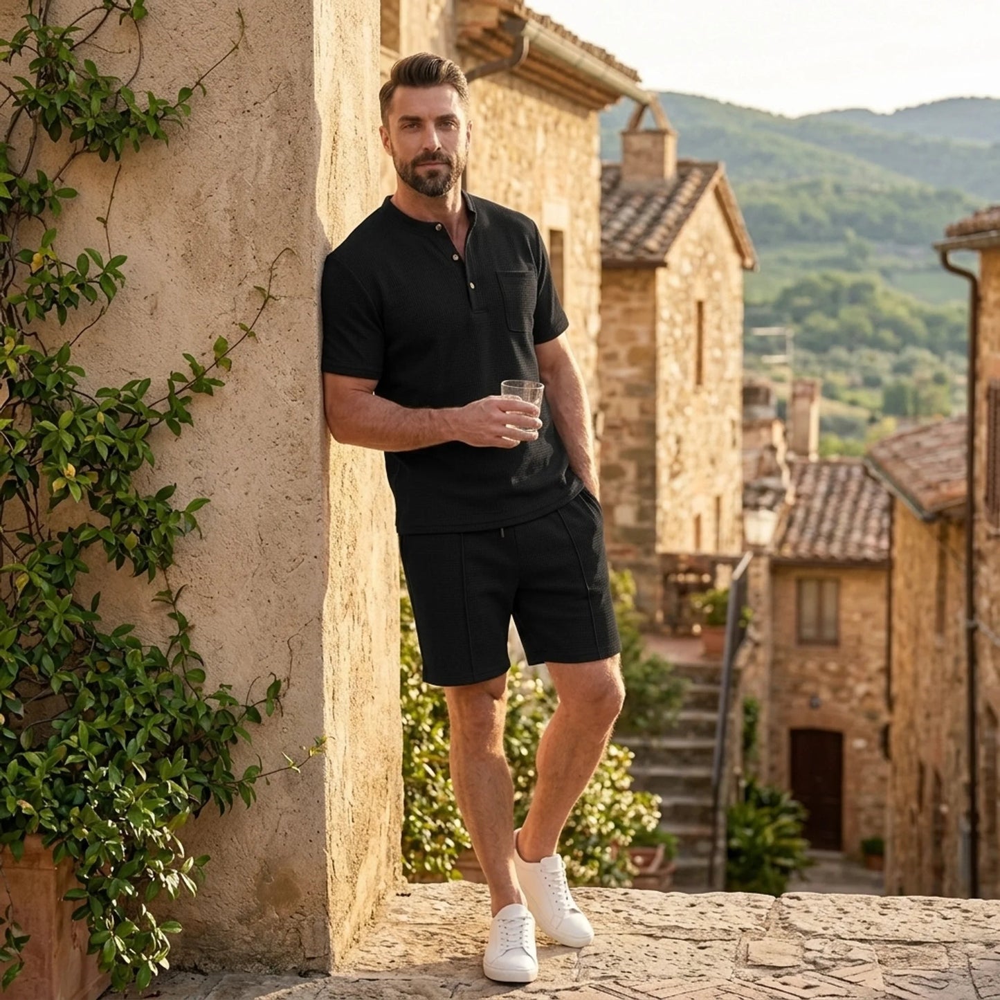 Men’s Waffle Stand Collar Shirt & Drawstring Shorts Set – Summer Outfit 4