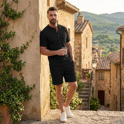 Men’s Waffle Stand Collar Shirt & Drawstring Shorts Set – Summer Outfit 4