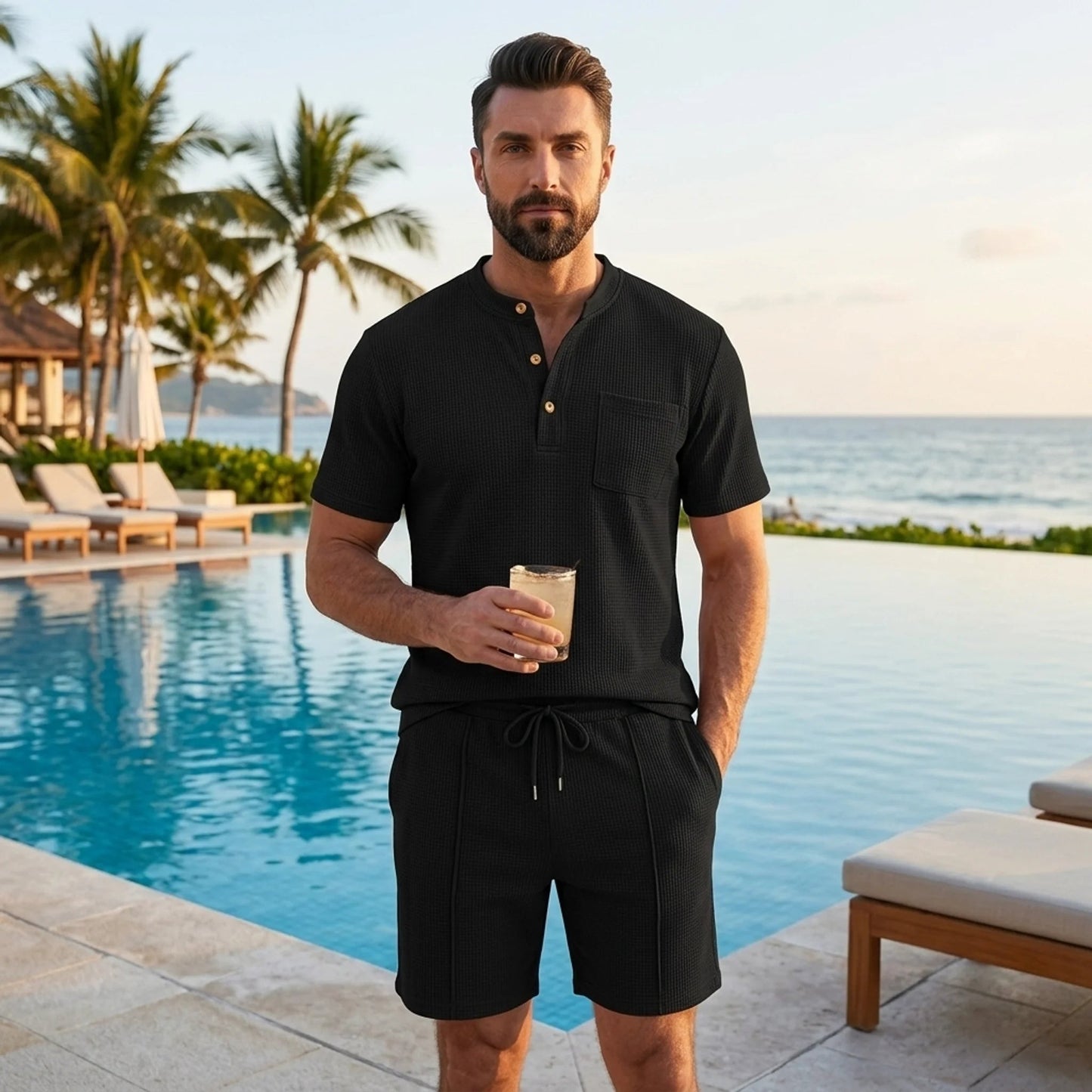 Men’s Waffle Stand Collar Shirt & Drawstring Shorts Set – Summer Outfit 6
