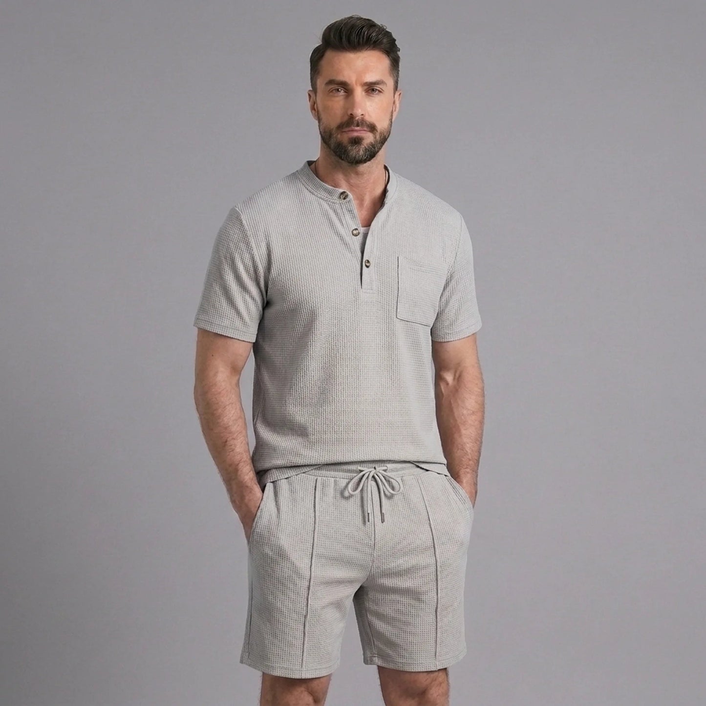 Men’s Waffle Stand Collar Shirt & Drawstring Shorts Set – Summer Outfit 7