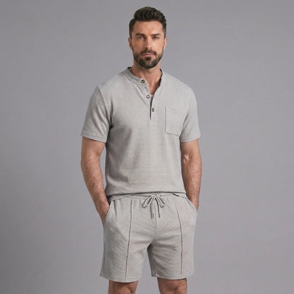 Men’s Waffle Stand Collar Shirt & Drawstring Shorts Set – Summer Outfit 7