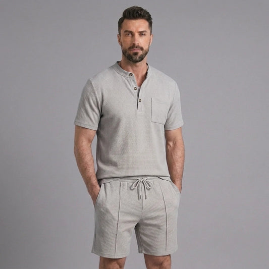 Men’s Waffle Stand Collar Shirt & Drawstring Shorts Set – Summer Outfit 7