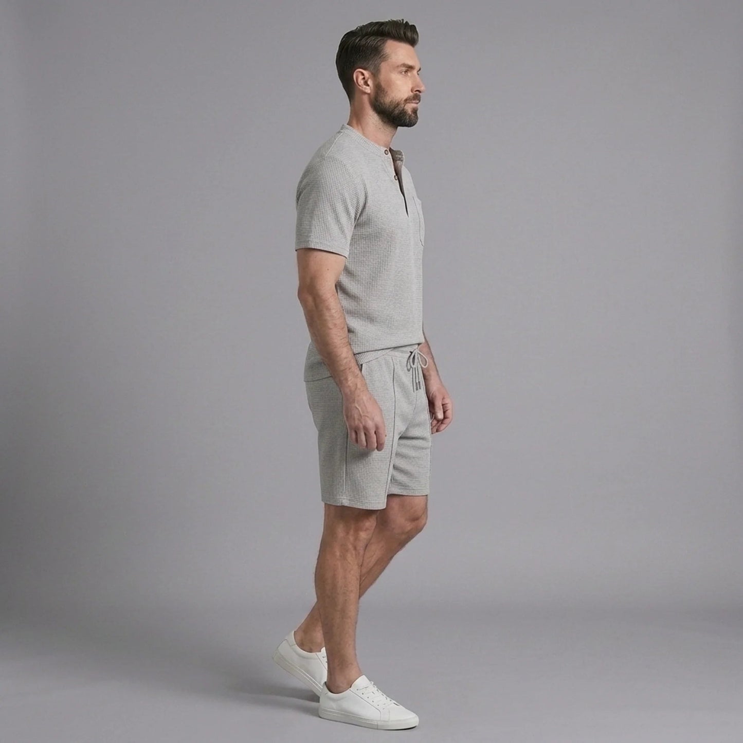 Men’s Waffle Stand Collar Shirt & Drawstring Shorts Set – Summer Outfit 8