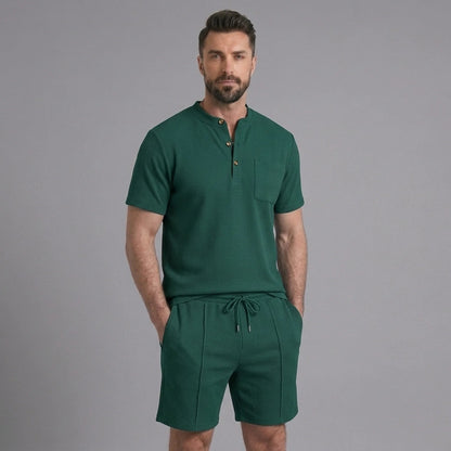 Men’s Waffle Stand Collar Shirt & Drawstring Shorts Set – Summer Outfit 9