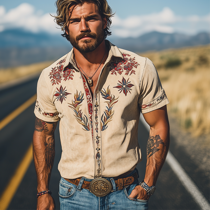 Men's Western Embroidered Short-Sleeve Shirt 4