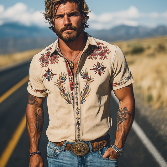 Men's Western Embroidered Short-Sleeve Shirt 4