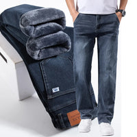 Men's Winter Warm Fleece Lined Thick Stretchable Business Casual Jeans Lightweight Trousers for Office And Daily Wear 0