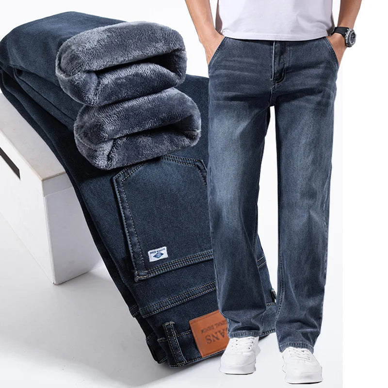 Men's Winter Warm Fleece Lined Thick Stretchable Business Casual Jeans Lightweight Trousers for Office And Daily Wear 0