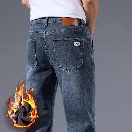Men's Winter Warm Fleece Lined Thick Stretchable Business Casual Jeans Lightweight Trousers for Office And Daily Wear 1